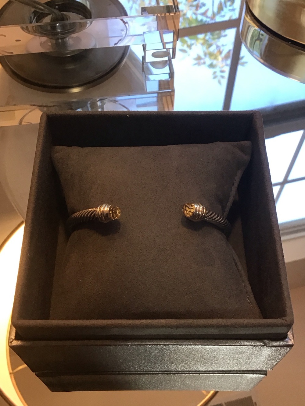 David Yurman Two-Tone Cable Cuff Bracelet with Gold End Caps and Sterling Cable